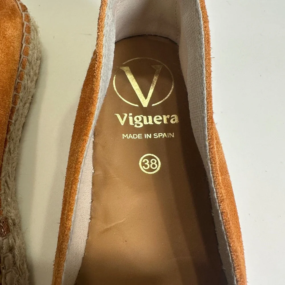 Viguera Spain Womens 38 Burnt Orange Suede Woven Straw Espadrille Flats Slip On
